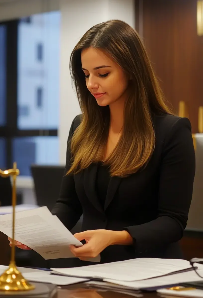 Uma mulher, de pele morena clara e com cabelos longos e lisos, segurando documentos judiciais próximo a uma mesa, em um ambiente de escritório bem iluminado.