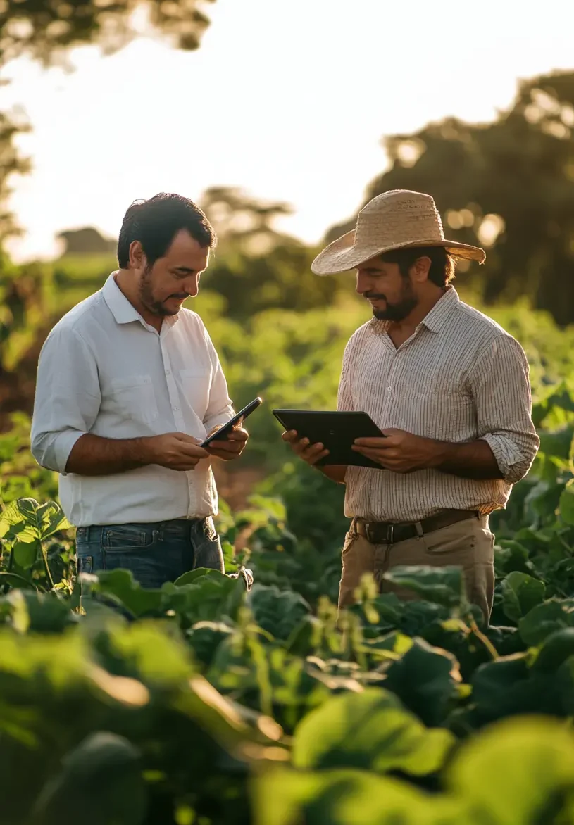 Um consultor contábil vestindo camisa social clara e calça jeans, conversando com um produtor rural vestindo roupas típicas de fazenda, em meio a uma plantação de soja ao pôr do sol, ambos olhando para um tablet que mostra gráficos financeiros.