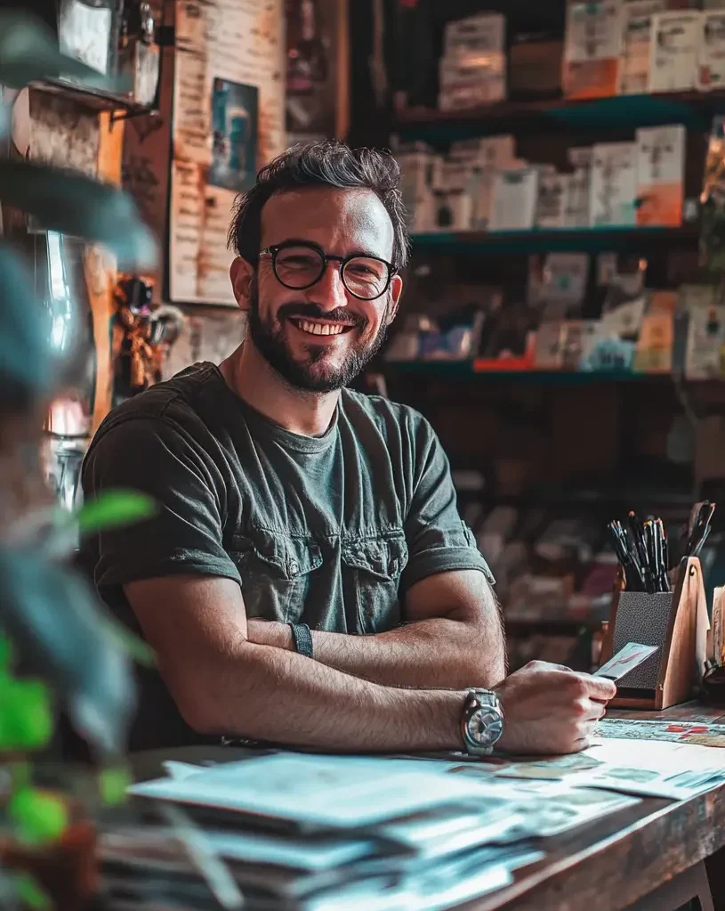 Um homem moreno claro, empreendedor, no balcão de sua empresa, sorrindo e segurando um cartão de crédito.