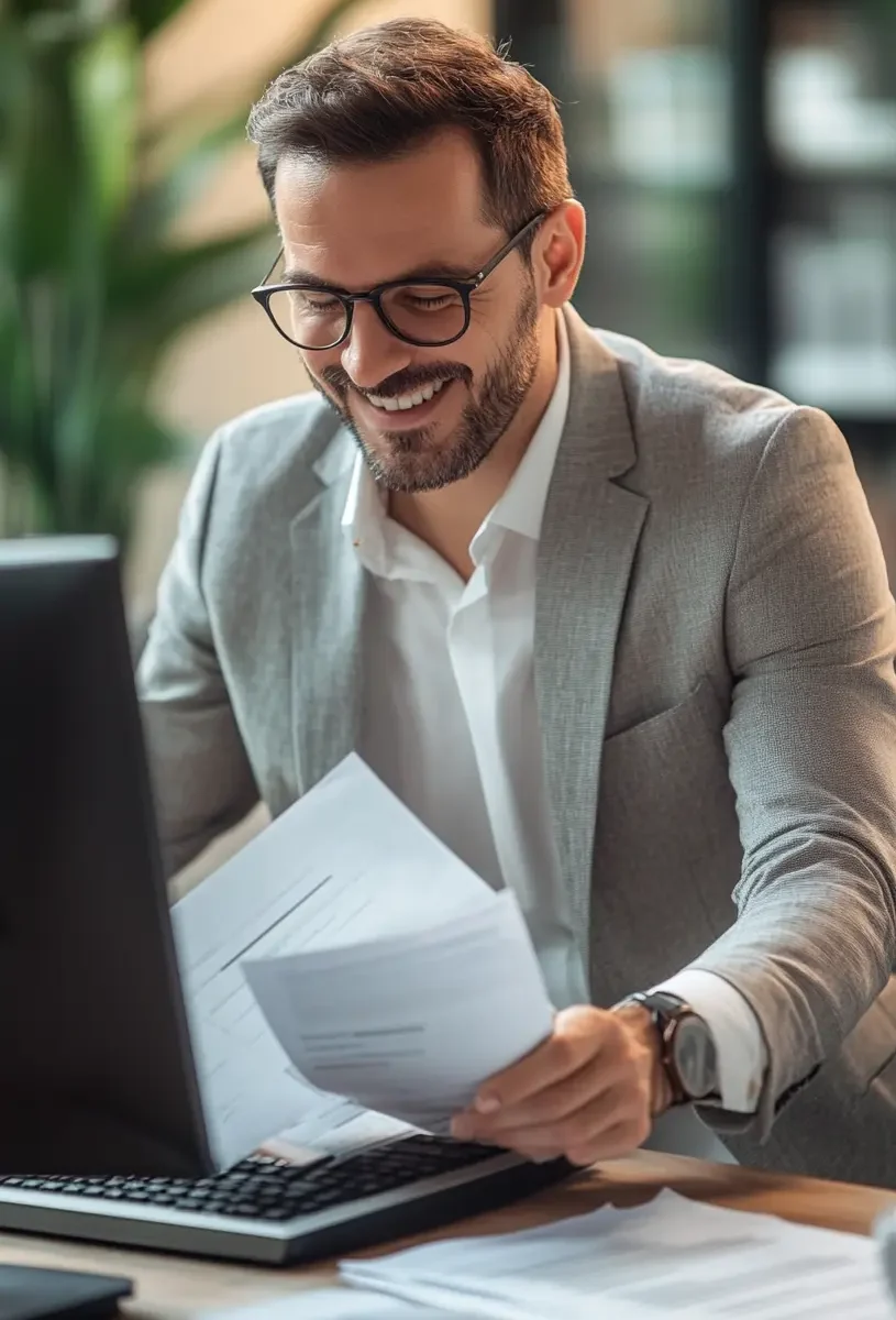 Homem branco, segurando documentos fiscais em um escritório bem iluminado, com planilhas e um computador exibindo formulário de imposto de renda ao fundo, atmosfera profissional.