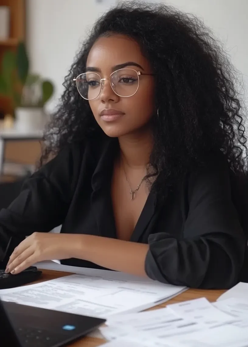 Uma mulher, negra, profissional de contabilidade em um escritório organizado, analisando planilhas com dados de folha de pagamento, cargos e jornadas de trabalho. Na mesa, há documentos trabalhistas e um computador com gráficos, em clima de concentração.